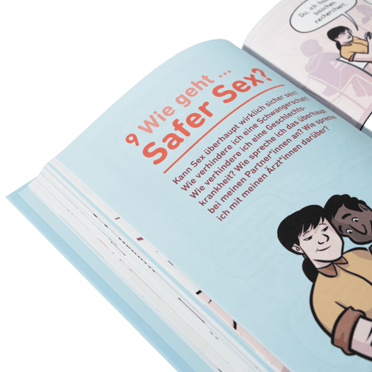 Das deutsche Aufklärungsbuch "Mehr als Verkehr" aus dem Zuckersüß Verlag enthält Illustrationen und behandelt Fragen zu Sex und Liebe, Safer Sex und ärztlicher Beratung zur sexuellen Gesundheit.
