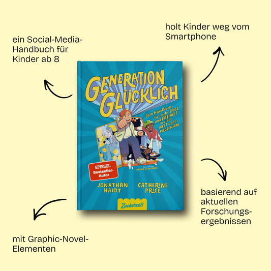 Das Buch Generation Glücklich vom Zuckersüß Verlag steht in der Mitte auf gelbem Hintergrund. Der schwarze Text weist darauf hin, dass es sich um einen Social-Media-Ratgeber für Kinder ab 8 Jahren mit Graphic-Novel-Elementen und forschungsbasierten Tipps handelt, der Kindern beim Umgang mit digitalen Medien hilft.