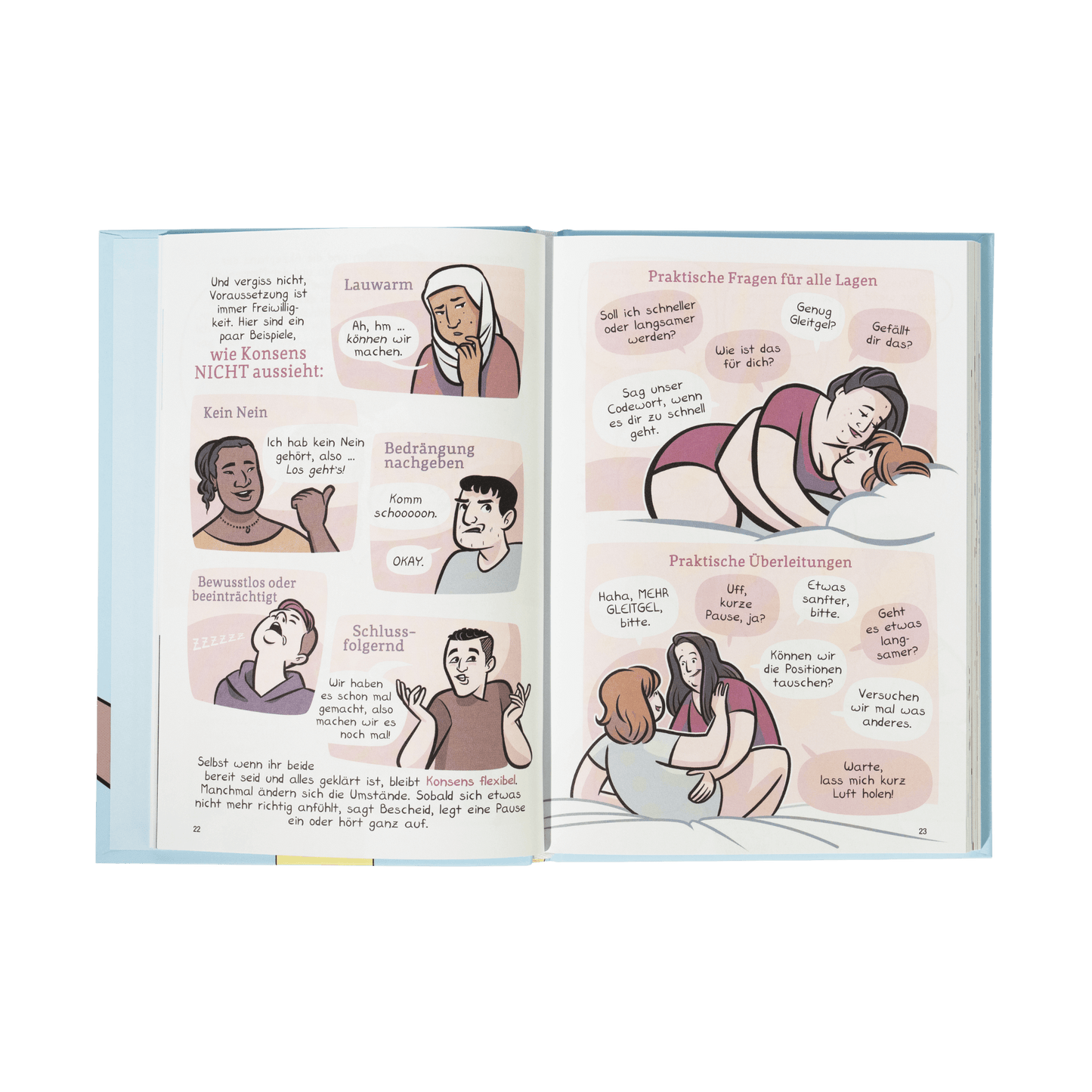 Ein aufgeschlagenes Aufklärungsbuch, "Mehr als Verkehr" vom Zuckersüß Verlag, zeigt Comic-Panels in deutscher Sprache: Auf der linken Seite geht es um Sex und Liebe mit verschiedenen Charakteren und Zustimmung; auf der rechten Seite kuschelt ein Paar und tauscht Kommunikationstipps aus.
