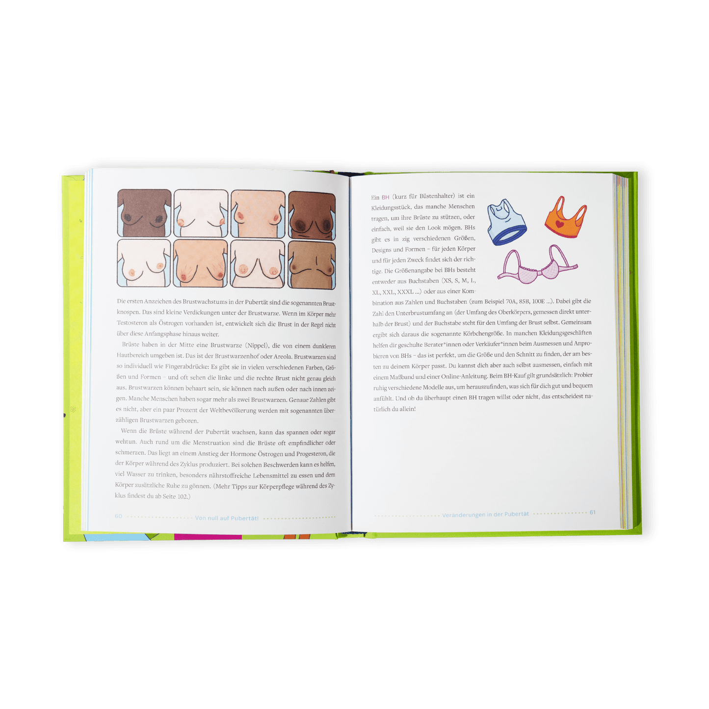 Ein aufgeschlagenes Buch, "Von Null auf Pubertät" vom Zuckersüß Verlag, zeigt auf der linken Seite nackte Brüste und auf der rechten Seite BHs mit deutschem Text über Pubertät und Körperveränderungen.